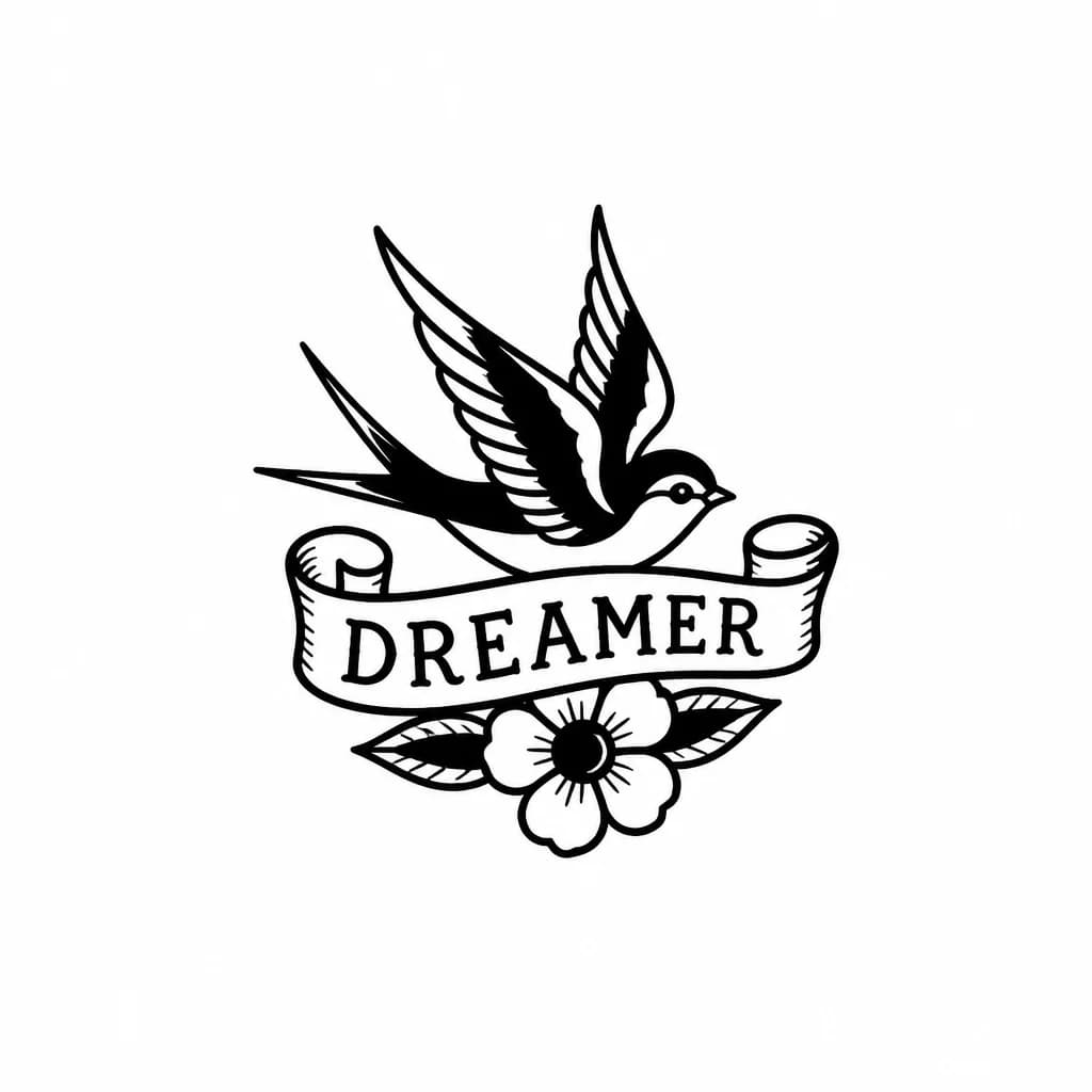 Тату эскиз: маленькая тату надписью dreamer, на боковой стороне шее под ухом