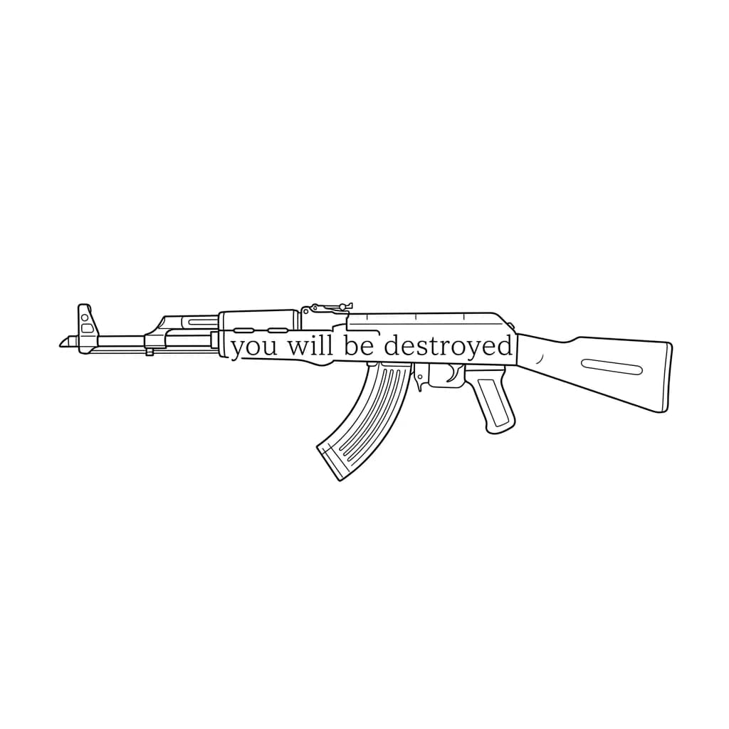 Тату эскиз: Автомат Калашников, а внутри надпись you will be destroyed