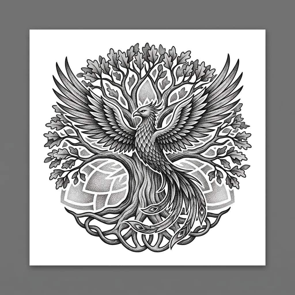 Тату эскиз: Цветное тату Изолированный на чистом фоне дизайн татуировки, изображающий мифическую птицу феникс с расправленными крыльями, парящую на фоне могучего дуба. Композиция должна сочетать элементы природы и мифологии в монохромной палитре. Феникс занимает центральное положение, его расправленные крылья создают динамичный силуэт, охватывающий или обрамляющий часть дуба. Дуб изображен как символ силы и долголетия, его ветви могут переплетаться с перьями феникса или служить фоном