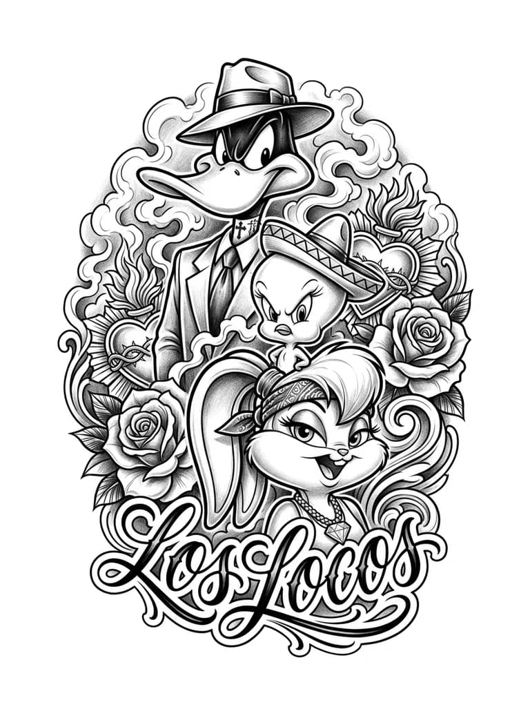 Тату эскиз: Three character portraits: Lola Bunny wearing a diamond chain and a lowrider bandana, Daffy Duck with a pachuco cross tattoo on his neck and a zoot suit, Tweety Bird looking tough with a tiny sombrero. Smoke clouds and roses in the background. Old school script lettering "Los Locos" underneath. High detail, intricate linework, sacred heart elements, круговая композиция — Даффи сверху, Лола снизу, Твити по центру.